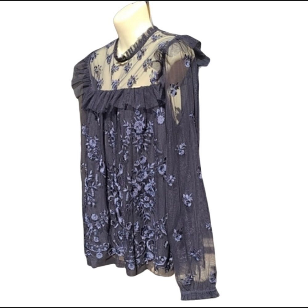 Illusion Washed Black Floral Embroidered Tulle Ruffle Longsleeve Blouse Top 6 S - Picture 5 of 10